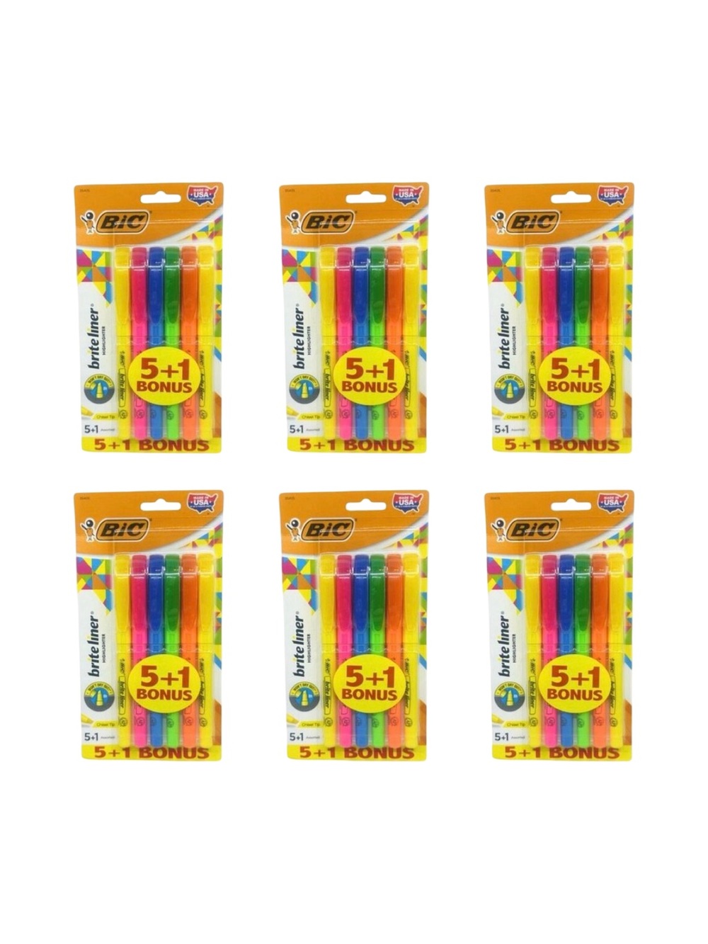 Bic Bright Liner Highlighter 5+1 Bonus - 6 Packs - 36 Highlighters